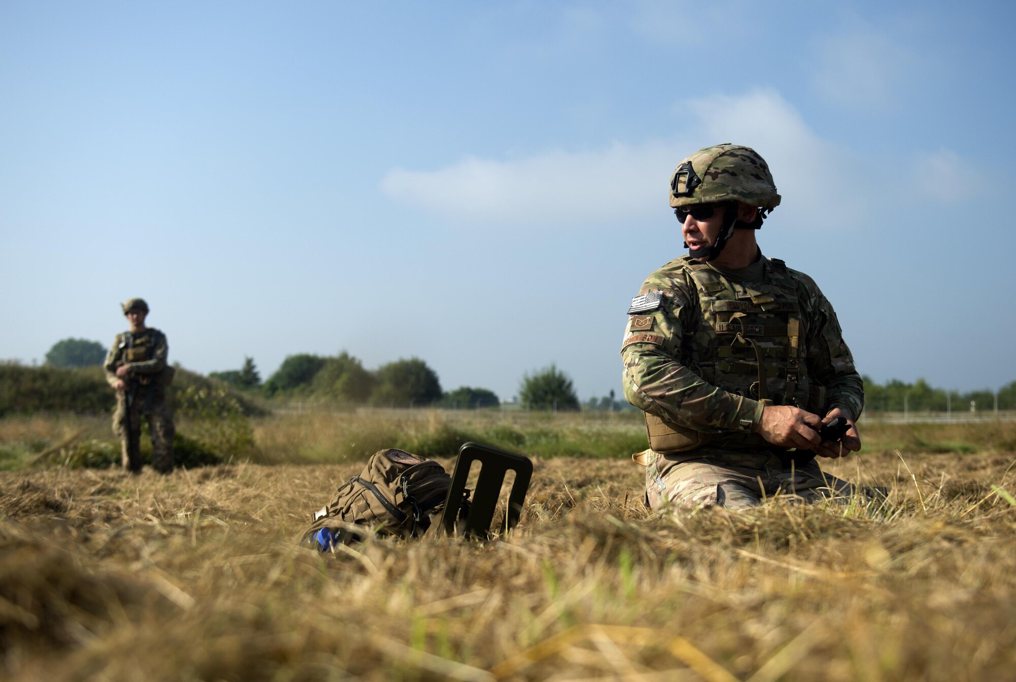 U.S. Air Force Tech. Sgt. Ryan Tennyson, 52nd Civil Engineer Squadron explosive ordnance disposal team leader, right, and Senior Airman Douglas Wilkens, 52nd CES EOD team member, left, work together to find simulated improvised explosive devices during an IED Rodeo exercise at Spangdahlem Air Base, Germany, July 27, 2016. This multilateral exercise focused on locating and disarming improvised explosive devices which involved EOD members from the U.S., Czech Republic, Germany and Belgium. (U.S. Air Force photo by Airman 1st Class Preston L. Cherry/Realeased)