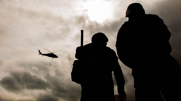 U.S. Marines with Marine Wing Support Squadron 171 stationed at Marine Corps Air Station Iwakuni, Japan, guide in a MH-60S Seahawk with Helicopter Sea Combat Squadron 25 to attack a simulated enemy during Exercise Eagle Wrath 2016 at Combined Arms Training Center Camp Fuji,Japan, July 28, 2016. During the exercises culminating event, Marines established a mock air base including a landing zone and refueling point, constructed defensive and machine-gun positions, and conducted convoys and patrols over the course of four days. 