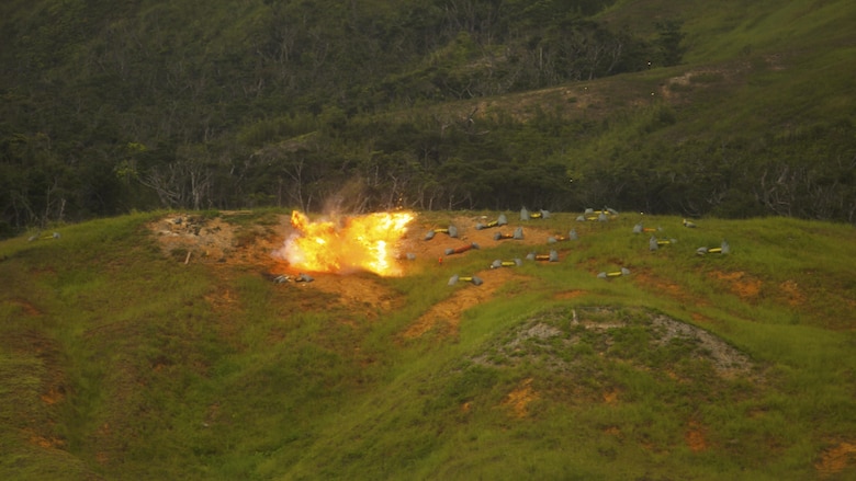 A fireball blossoms as a 50mm round impacts a 155mm artillery round, July 28, 2016, at Marine Corps Base, Camp Schwab, Okinawa, Japan. The artillery rounds served as exploding targets for explosive ordnance disposal technicians and reconnaissance Marines who participated in the drill. The training ensured EOD technicians were proficient in the safe long-distance detonation of explosives, using the SASR-M107 sniper rifle. The EOD technicians are with Headquarters and Support Battalion, Marine Corps Installations Pacific-Marine Corps Base Camp Butler, Japan and Marine Wing Support Squadron 172, Marine Aircraft Group 36, 1st Marine Aircraft Wing, III Marine Expeditionary Force. The reconnaissance Marines are with 3rd Reconnaissance Battalion, 3rd Marine Division, III Marine Expeditionary Force.