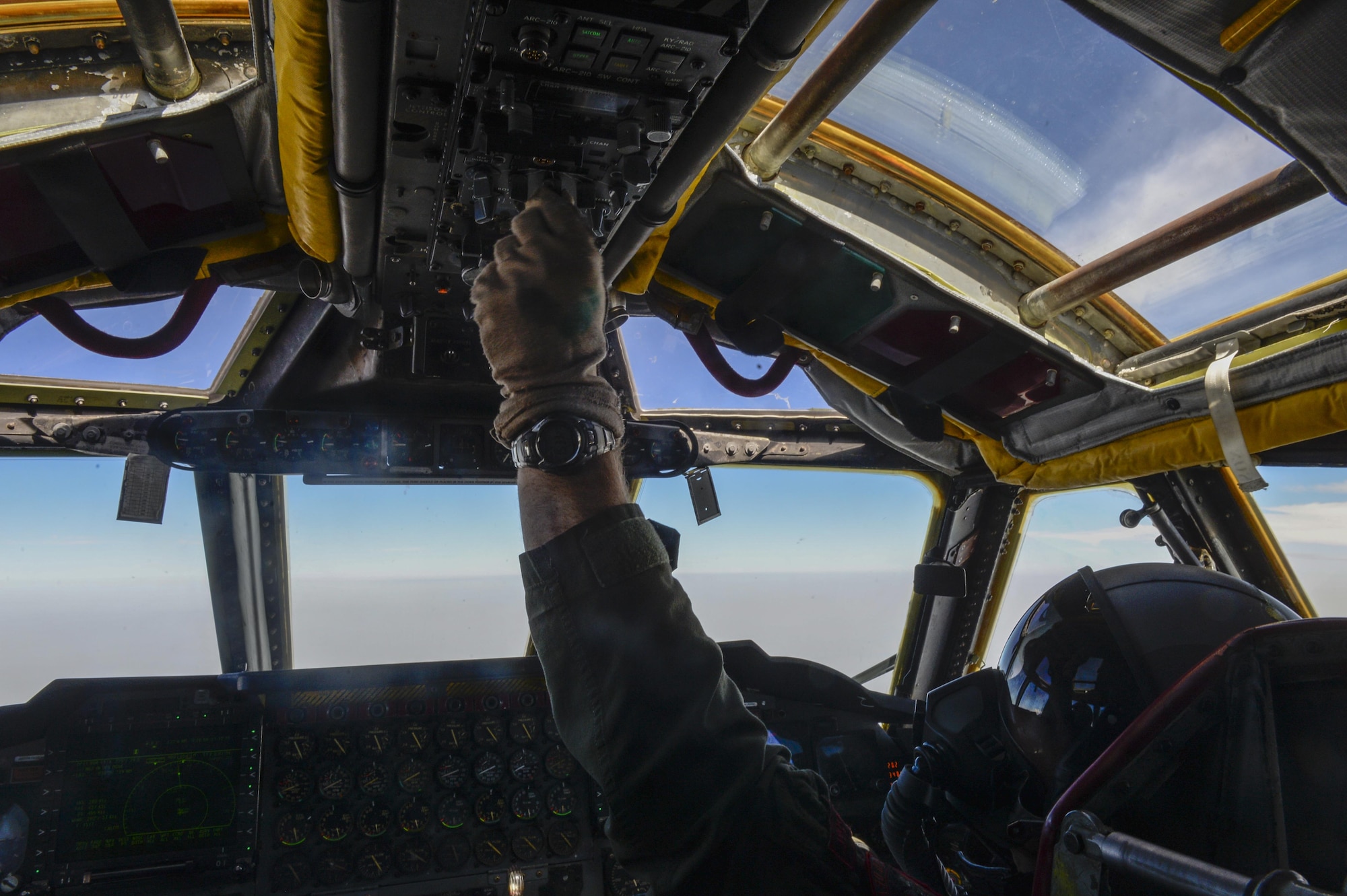 A B-52 Stratofortress pilot from the 2nd Bomb Wing, Barksdale Air Force Base, La., flies while conducting a non-stop flight from the U.S. to the North and Baltic Seas during the operation POLAR ROAR July 31, 2016. During the operation, the bomber crews strengthened their interoperability with key allies and partners by conducting intercept training with NORAD-assigned Canadian and U.S. fighter aircraft and Portuguese Air Force fighter aircraft assigned to NATO’s Baltic Air Policing mission. The operation demonstrated the ability of the U.S. bomber force to provide a flexible and vigilant long-range global-strike capability, and provide unique and valuable opportunities to train and integrate with allies and partners. (U.S. Air Force photo by Staff Sgt. Matthew B. Fredericks)


