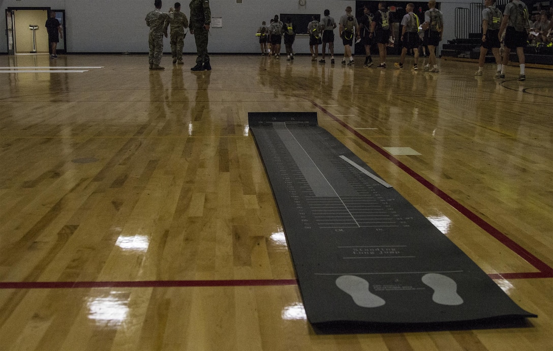 Long Jump measuring mat for the Occupational Physical Assessment Test at U.S. Army Cadet Command during Cadet Summer Training (CST16), Ft. Knox, Kentucky, July 25. (U.S. Army Reserve photo by Sgt. Karen Sampson/ Released)