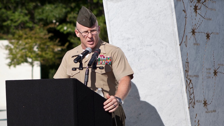 U.S. Marine Corps Brig. Gen. Thomas Weidley, commander of Marine Corps Installation-East, addresses guests during the Montford Point Marine Memorial dedication ceremony held at Jacksonville, North Carolina, July 29, 2016. The memorial was built in honor of the 20,000 African-Americans who attended training at Montford Point.