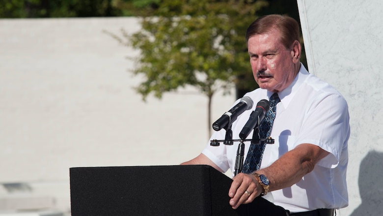 Commissioner Jack T. Bright, Onslow Board of Commissioners, addresses guests during the Montford Point Marine Memorial dedication ceremony held at Jacksonville, North Carolina, July 29, 2016. The memorial was built in honor of the 20,000 African-Americans who attended training at Montford Point. 