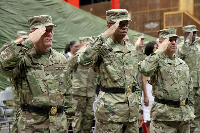 From left to right: Brig. Gen. Steven Ainsworth, outgoing commander of the 94th Training Division (Force Sustainment); Maj. Gen. A. C. Roper, commanding general of the 80th Training Command (TASS); Brig. Gen. Hector Lopez, incoming commander of the 94th TD.  Lopez assumed command of the 94th at a change of command ceremony in Dodge Hall at Fort Lee, Va. on July 23, 2016.  The 94th provides world class training in the career management fields of Ordnance, Transportation, Quartermaster, and Human Resources, ensuring all service members are properly trained, fed, supplied, and maintained.