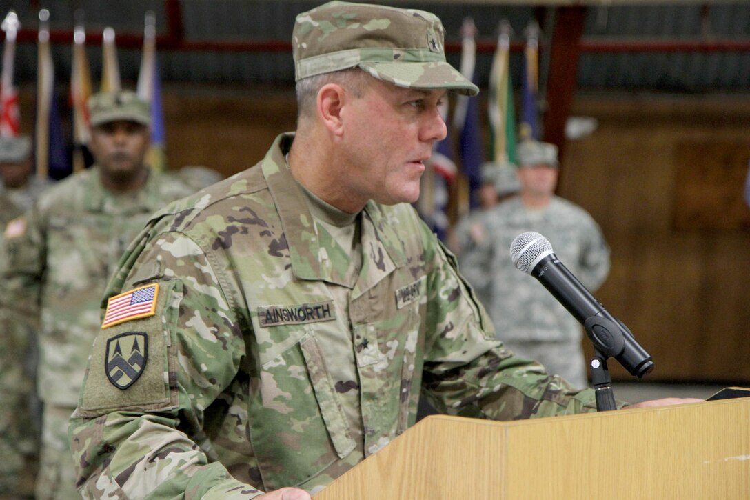 Brig. Gen. Steven W. Ainsworth, outgoing commander of the 94th Training Command (Force Sustainment), bids farewell to the 94th in his final remarks to the division during a change of command ceremony in Dodge Hall at Fort Lee, Va. on July 23, 2016.  Incoming commander Brig. Gen. Hector Lopez also spoke after officially taking command. The 94th provides world class training in the career management fields of Ordnance, Transportation, Quartermaster, and Human Resources, ensuring all service members are properly trained, fed, supplied, and maintained.