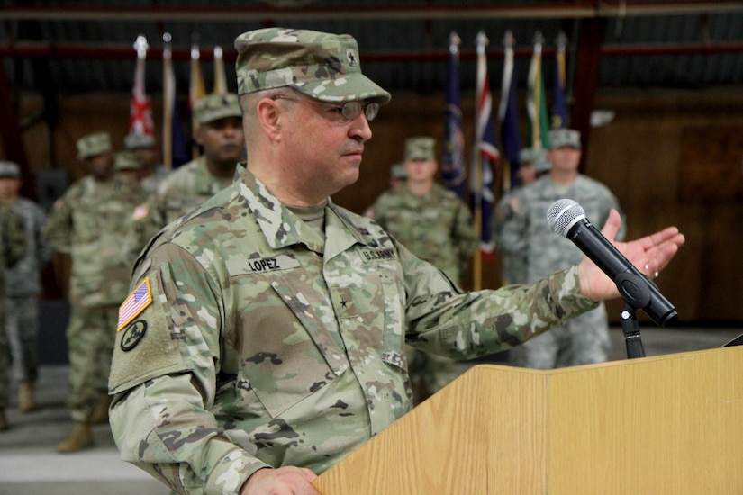 Brig. Gen. Hector Lopez addresses the 94th Training Division (Force Sustainment) for the first time as their incoming commander during a change of command ceremony in Dodge Hall at Fort Lee, Va. on July 23, 2016.  Outgoing commander Brig. Gen. Steven Ainsworth also spoke after officially relinquishing command of the 94th. The 94th provides world class training in the career management fields of Ordnance, Transportation, Quartermaster, and Human Resources, ensuring all service members are properly trained, fed, supplied, and maintained.