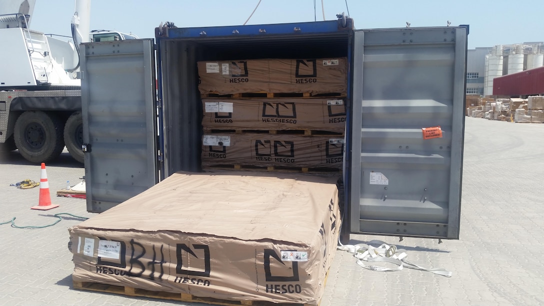 One of the first containers of HESCO barriers received at DLA Distribution Bahrain for the new Class IV mission.
