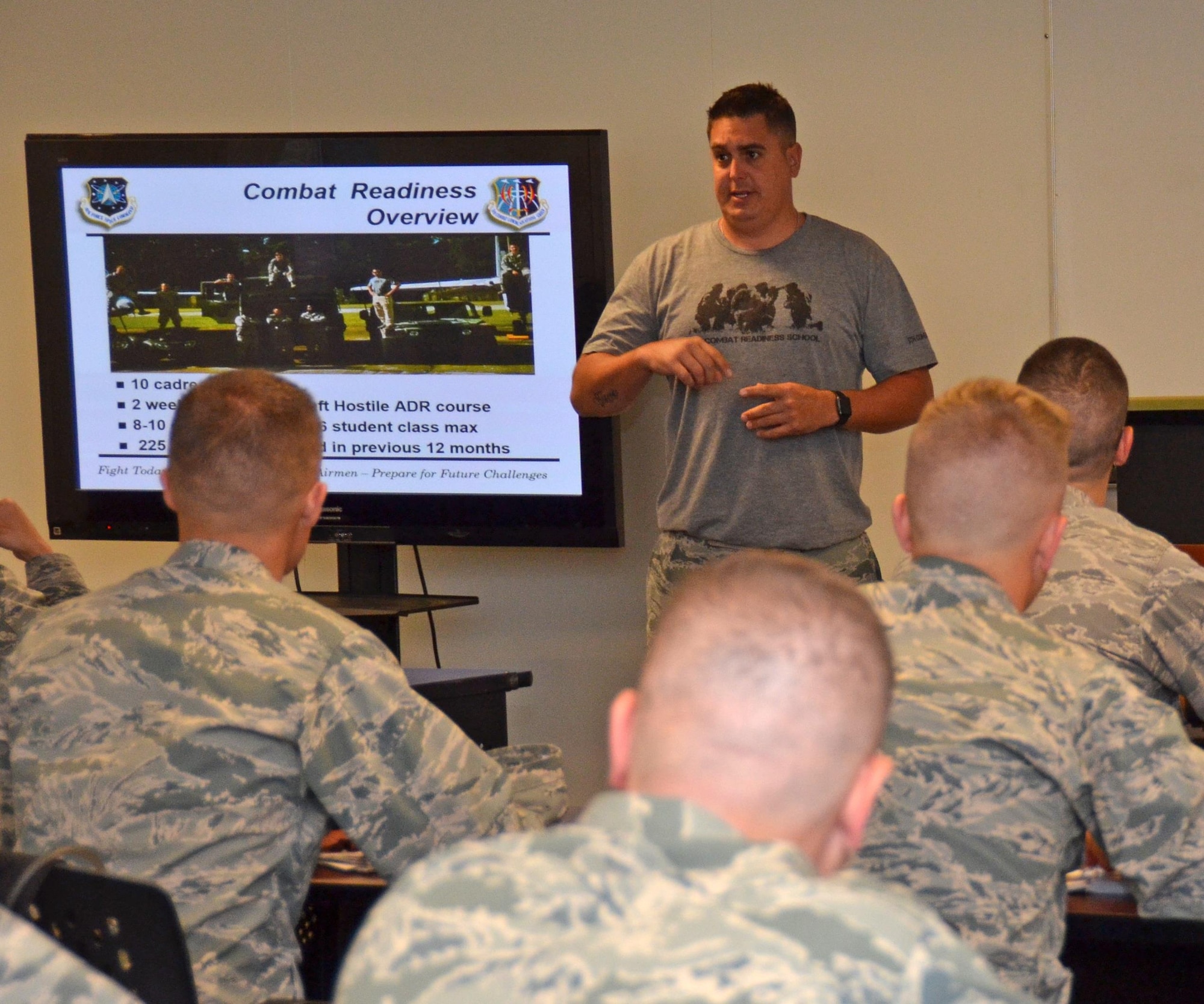 Instructor Tech. Sgt, Ryan Petersen, 5th Comabat Communications Squadron Support, gives combat readiness training to twenty-five 2nd Lieutenants at Robins Air Force Base, Georgia, July 25, 2016. Chaplain candidates and members of the Catholic church attend Sunday morning worship in the base chapel at Robins Air Force Base, Georgia, July 25, 2016. The candidates are participating in the Air Force Reserve Command Chaplain Candidate Intensive Interview program which aims to provide an extensive overview of what the Air Force Reserve mission is as well as a broad overview of the military chaplain corps. During the last week of the program, the candidates were immersed in fast-paced mobility training conducted by active-duty instructors from the 5th Combat Communications Squadron Support. (U.S. Air Force photo/Tech. Sgt. Kelly Goonan)