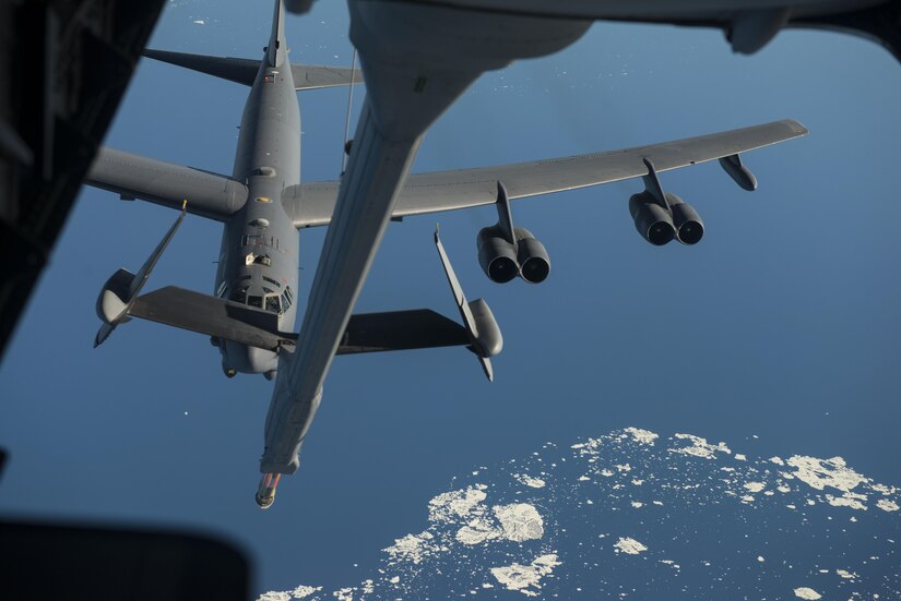 A B-52 Stratofortress from Minot Air Force Base, N.D., approaches a KC-10 Extender, from the 305th Air Mobility Wing, Joint Base McGuire-Dix-Lakehurst, N.J. to receive fuel during Polar Roar in the skies over the North Pole, July 31. Polar Roar is a strategic deterrence exercise, involved four aircraft platforms from nine Air Force Bases and was conducted in three different theaters. 