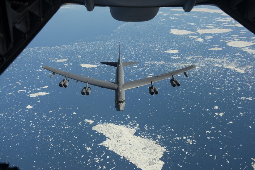 A B-52 Stratofortress from Minot Air Force Base, N.D. receives fuel from a 305th Air Mobility Wing, Joint Base McGuire-Dix-Lakehurst, N.J. during Polar Roar, a strategic deterrence exercise, in the skies near the North Pole, July 31. The rapid global mobility and air refueling capabilities of Air Mobility Command and the 305th Air Mobility Wing, ensured the B-52’s were able to complete their mission. 