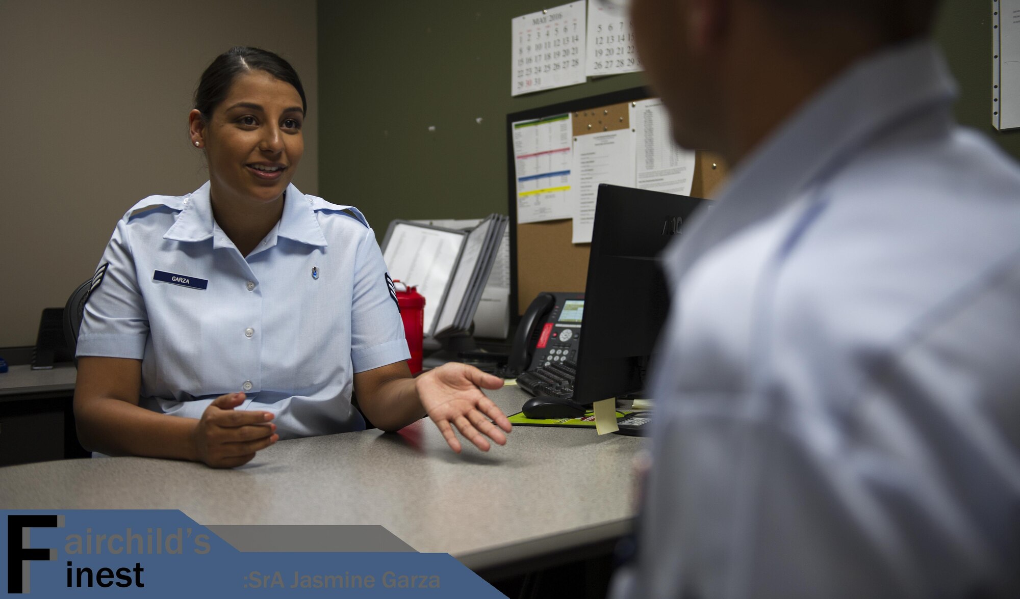 Senior Airman Jasmine Garza, 92nd Medical Operations Squadron mental health technician, talks with a patient July 29, 2016 at Fairchild Air Force Base, Wash. Her leadership selected her as one of Fairchild’s Finest, a weekly recognition program that highlights top-performing Airmen. (U.S. Air Force photo/Airman 1st Sean Campbell)