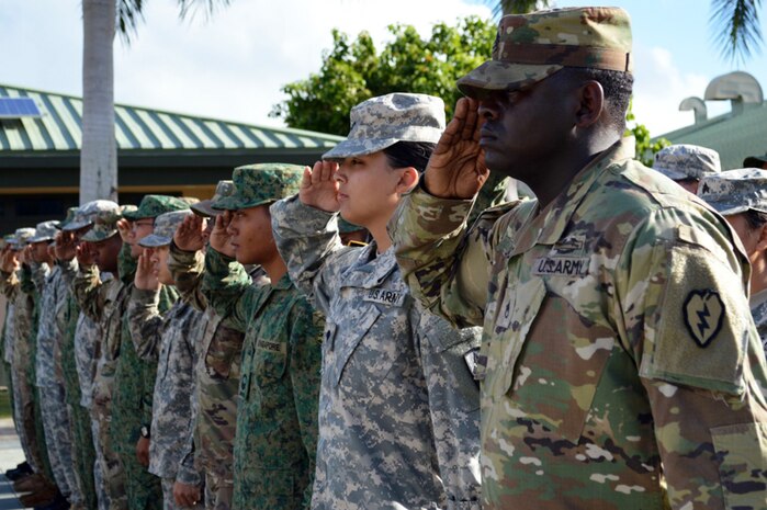 Soldiers assigned to the 3rd Brigade Combat Team, 25th Infantry Division; 29th Brigade Combat Team, Hawaii Army National Guard; 9th Infantry Brigade, 6th Division, Singapore Armed Forces (SAF); saluted during the playing of the U.S. and Singapore national anthems during the Tiger Balm 16 closing ceremony at the 298th Regiment, Multi-Functional Training Unit (MFTU), Regional Training Institute (RTI), Waimanalo, Hawaii, on July 30, 2016. U.S. and Singapore army troops trained at the islands of Oahu and Hawaii during the two-week long bilateral exercise. 