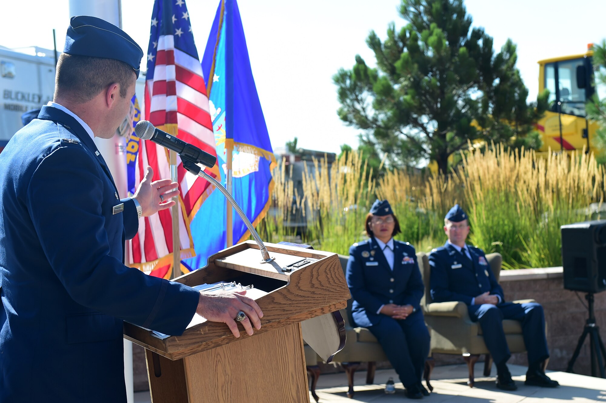 Col. John Wagner, 460th Space Wing commander, speaks August 1, 2016, during the 460th Mission Support Group change of command on Buckley Air Force Base, Colo. Over the last two years, Col. Rose Jourdan worked to improve Buckley AFB in many ways, including improving the dorms, Commissary and The Exchange. (U.S. Air Force photo by Airman 1st Class Gabrielle Spradling/Released)
