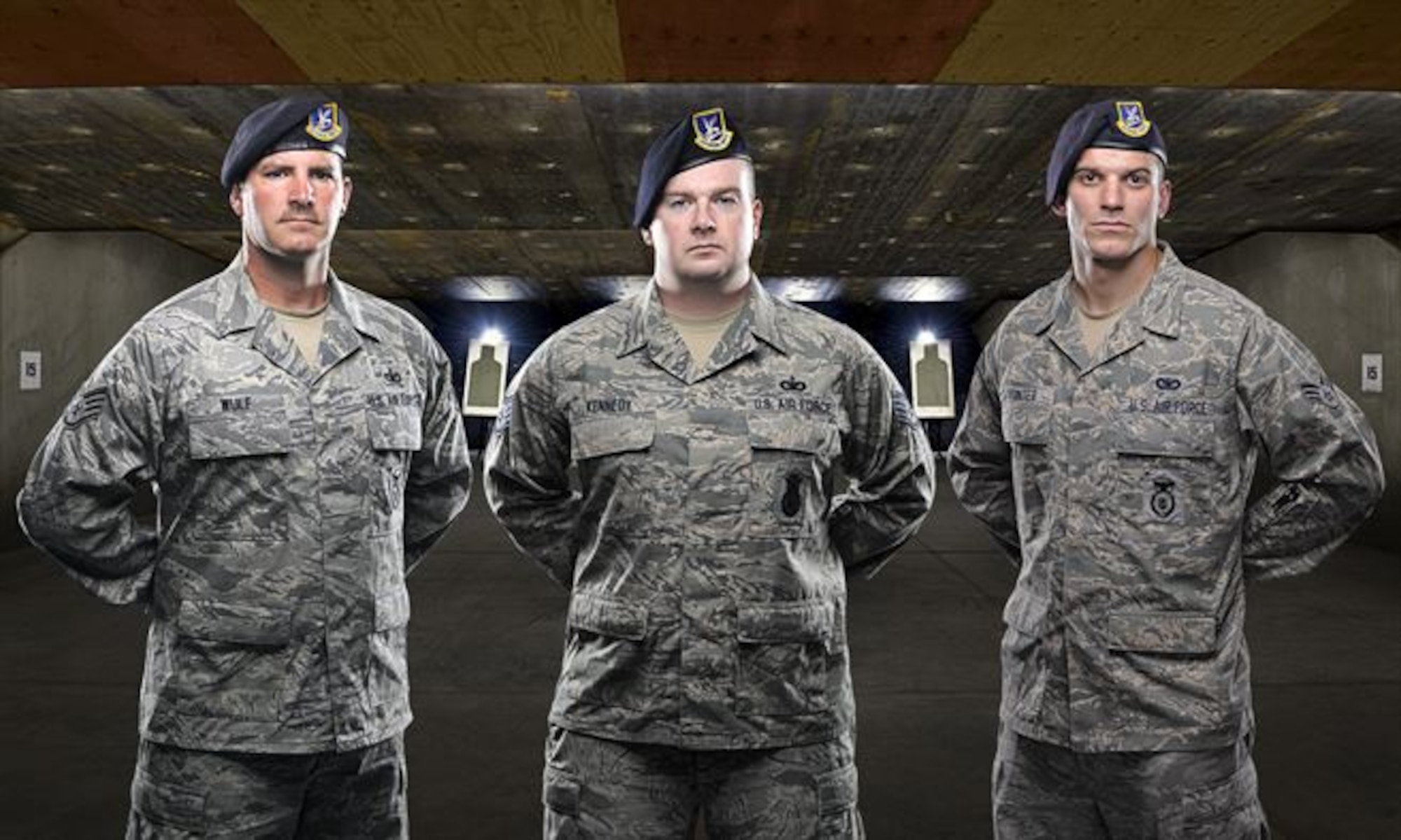 50th Space Wing Security Forces Squadron members former Staff Sgt. Joseph Potalivo (Not pictured), Staff Sgts. James Wulf and Joshua Kennedy, and Senior Airman Brett Pointer were returning from deployments on American Airlines Flight 1506, Feb. 4, 2016, successfully restrained an unruly passenger on a connecting flight from Baltimore Washington International Airport to Dallas/Fort Worth International Airport. (U.S. Air Force photo illustration/Christopher DeWitt)