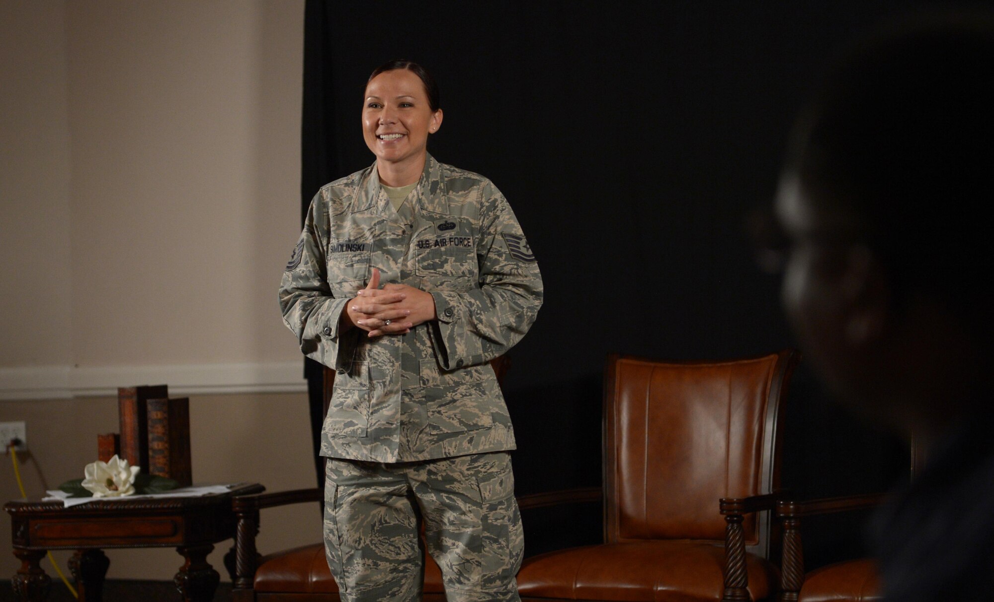 Tech. Sgt. Robin Samolinski, Air Force Global Strike Command spectrum manager, speaks to Airmen during a Storytellers event at Barksdale Air Force Base, La., July 26, 2016. Samolinski spoke of struggles she’s dealt with throughout her life and how she’s utilized the support of base helping agencies. (U.S. Air Force photo/Senior Airman Curt Beach)
