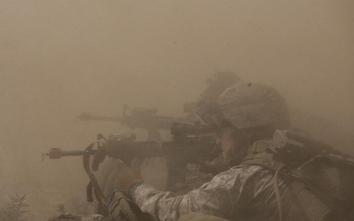 Marines from 3rd Battalion, 1st Marine Regiment, 1st Marine Division, provide security for Marines inserting into a drop zone during a Marine Corps Readiness Evaluation at Camp Pendleton, Calif., July 28, 2016. Realistic training was conducted to prepare the Marines for upcoming deployments. (U.S. Marine Corps Photo by Lance Cpl. Bradley J. Morrow)