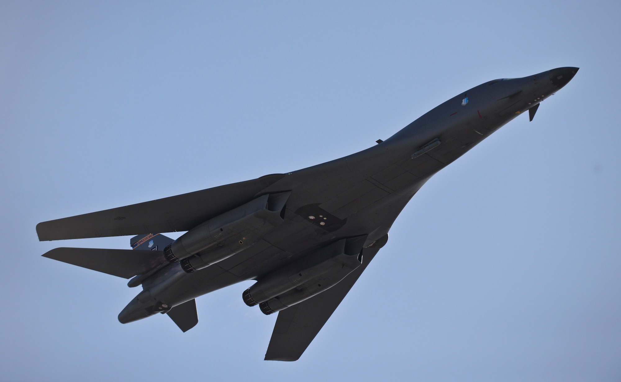 A B-1 bomber performs a high-speed pass at Ellsworth Air Force Base, S.D., Feb. 19, 2016. Ellsworth is one of only two B-1 Air Force bases in the world, providing airpower – anytime, anywhere. (U.S. Air Force photo by Airman 1st Class Sadie Colbert)