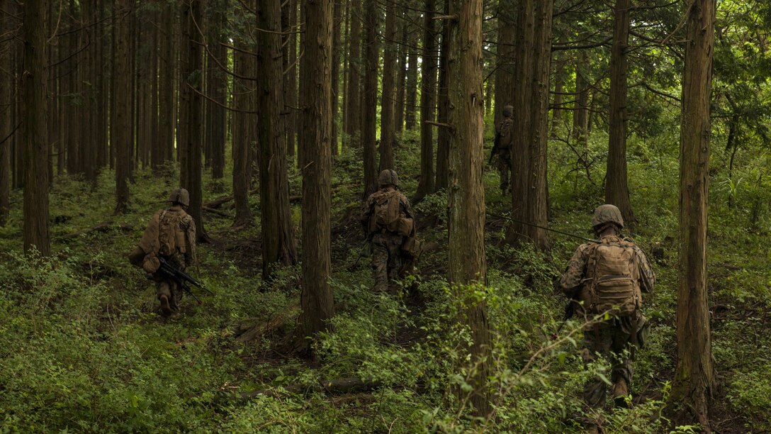 U.S. Marines with Marine Wing Support Squadron 171 stationed at Marine Corps Air Station Iwakuni, Japan, begin to return to their forward operating base after receiving contact from a simulated enemy during Exercise Eagle Wrath 2016 at Combined Arms Training Center Camp Fuji, July 28, 2016. During the culminating event, Marines established a mock air base including a landing zone and refueling point, constructed defensive and machine-gun positions, and conducted convoys and patrols over the course of four days. 