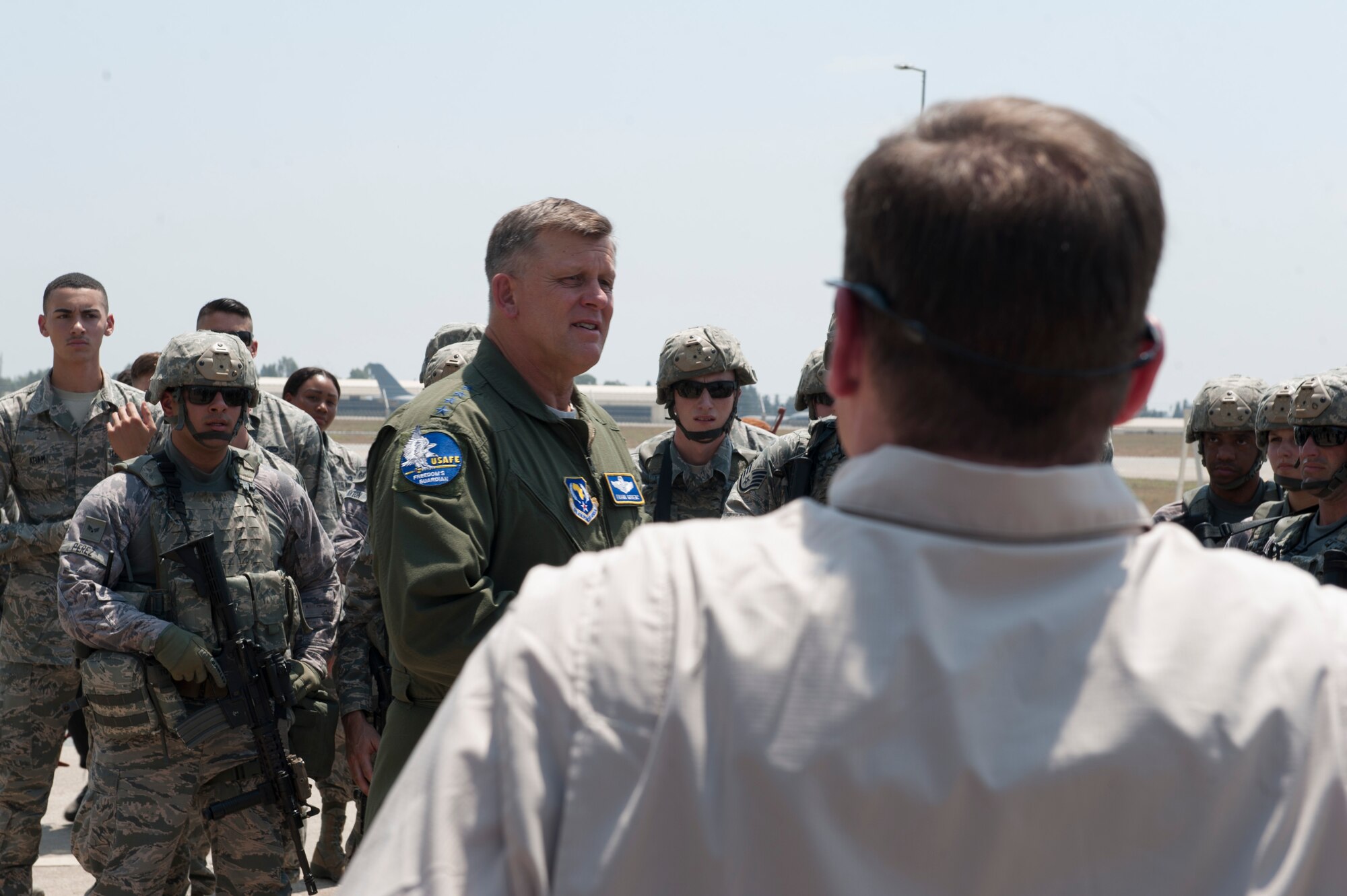 U.S. Air Force Gen. Frank Gorenc, commander, U.S. Air Forces in Europe, U.S. Air Forces Africa, and Allied Air Command, addresses 39th Security Forces Squadron Airmen Aug. 3, 2016, at Incirlik Air Base, Turkey. Gorenc visited Airmen to thank them for their hard work and dedication during his time as USAFE-AFAFRICA commander. (U.S. Air Force photo by Airman 1st Class Devin M. Rumbaugh)