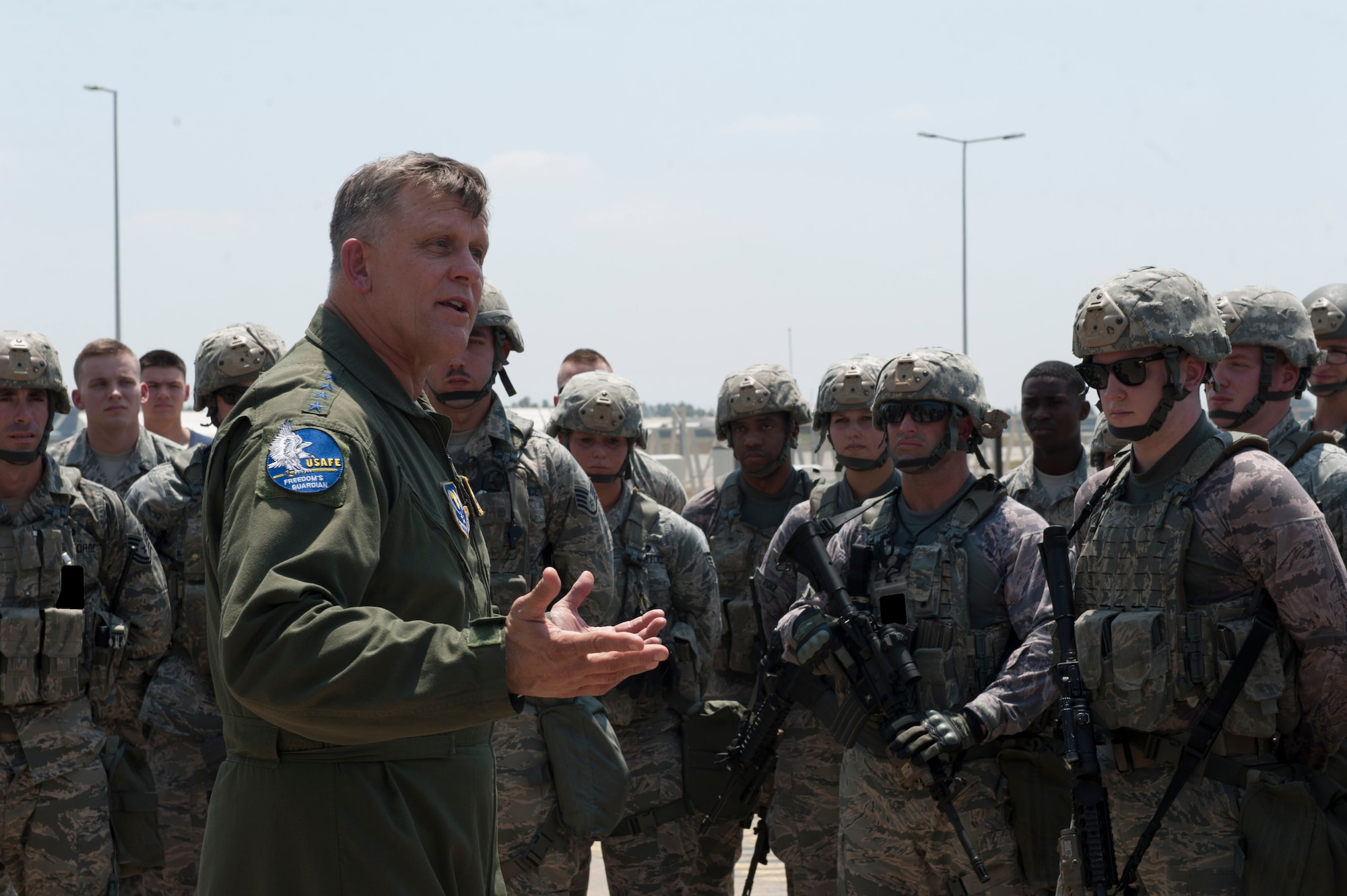 U.S. Air Force Gen. Frank Gorenc, commander, U.S. Air Forces in Europe, U.S. Air Forces Africa, and Allied Air Command, addresses 39th Security Forces Squadron Airmen Aug. 3, 2016, at Incirlik Air Base, Turkey. Gorenc visited Airmen to thank them for their hard work and dedication during his time as USAFE-AFAFRICA commander. During the visit Gorenc also met with NATO Turkish partners. Badges have been blacked out for security. (U.S. Air Force photo by Airman 1st Class Devin M. Rumbaugh)  