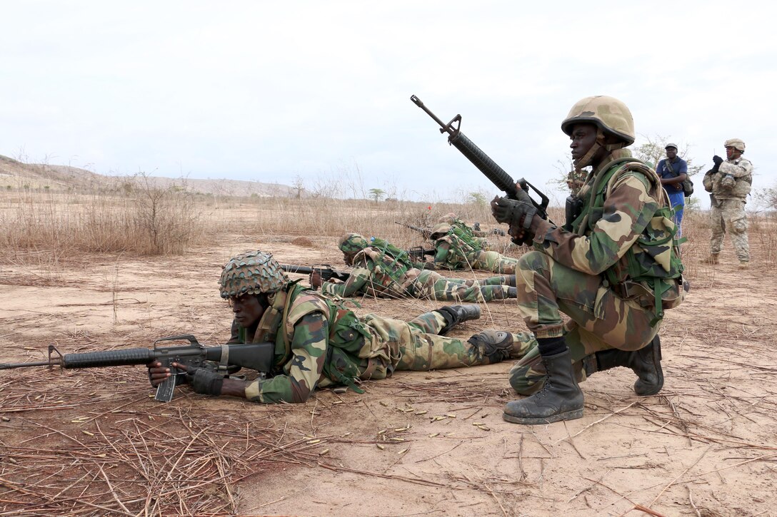 Senegalese soldiers with the 1st Paratrooper Battalion provide security during a platoon live-fire exercise as U.S. Army soldiers of 1st Battalion, 30th Infantry Regiment, 2nd Infantry Brigade Combat Team, 3rd Infantry Division observe in Thies, Senegal, as part of Africa Readiness Training 16, July 21, 2016. The exercise is one of many on the continent. U.S. Army photo by Staff Sgt. Candace Mundt