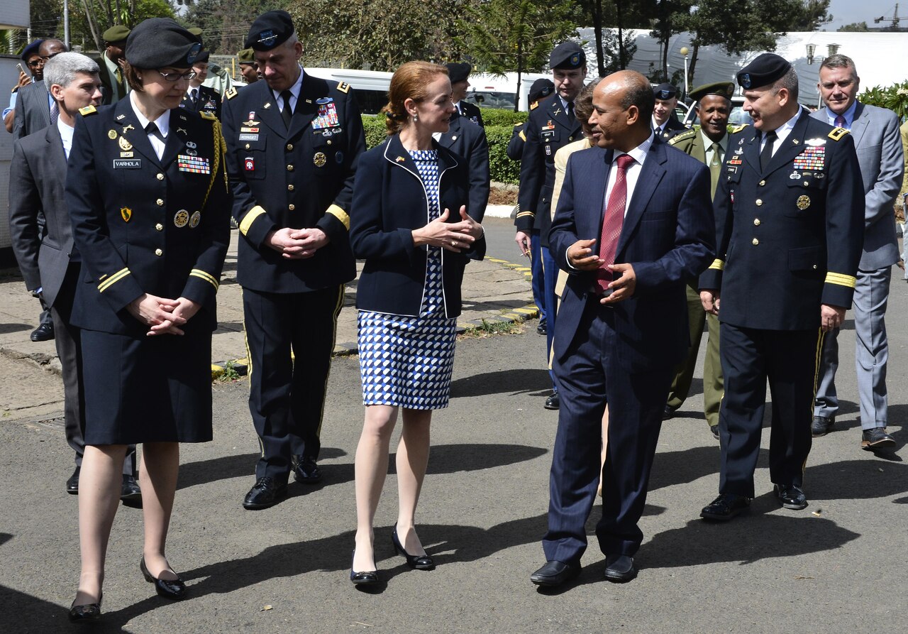 Amanda J. Dory, deputy assistant secretary of defense for African affairs, and Siraj Fergessa, the Ethiopian Minister of Defense, speak at the start of the 6th Annual U.S. and Ethiopian Bilateral Defense Committee meeting in Addis Ababa, Ethiopia, in March 2016. The committee worked on how the United States and Ethiopia will work together to promote peace and stability in the region. U.S. Air Force photo by Tech. Sgt. Dan DeCook