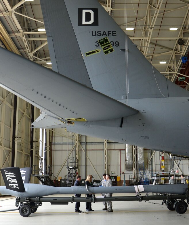 Amanda Simpson, second from left, Deputy Assistant Secretary of Defense for Operational Energy, and Robert Warshel, left, Director of Operations, Operational Energy Plans and Programs, tour a KC-135 Stratotanker during a base visit July 29, 2016, on RAF Mildenhall, England. Simpson and Warshel met with the 100th Air Refueling Wing and the 352nd Special Operations Wing regarding operational energy areas of concern learned about the training and education provided to fuels and maintenance personnel. (U.S. Air Force photo by Gina Randall)
