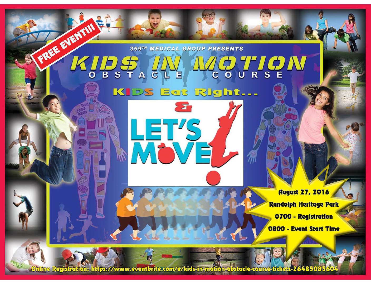 The 359th Medical Group is scheduled to host a free event, Kids in Motion, in recognition of September’s National Childhood Obesity Awareness Month Aug. 27 at Joint Base San Antonio-Randolph’s Heritage Park.