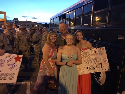 "Twenty-five airmen from the 5th Combat Communications Group returned from Jordan 26 July. The airmen were a part of a Expeditionary Support Squadron (ESPTS) supporting the combat missions. During their 6 month deployment, they provided critical, uninterrupted, communications to joint warfighters assisting in global counter-ISIL efforts. (Courtesy photos)." 

