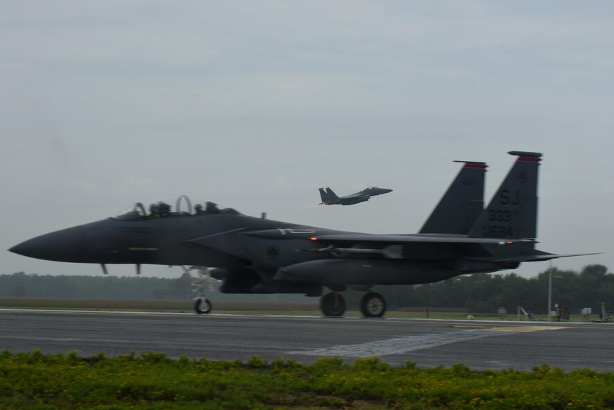 More than 15 F-15E Strike Eagles assigned to the 336th Fighter Squadron depart for Red Flag-Alaska 16-4, Aug. 2, 2016, at Seymour Johnson Air Force Base, North Carolina. At the height of the exercise, up to 70 jets operate in the same airspace at one time. (U.S. Air Force photo/Airman 1st Class Ashley Williamson)