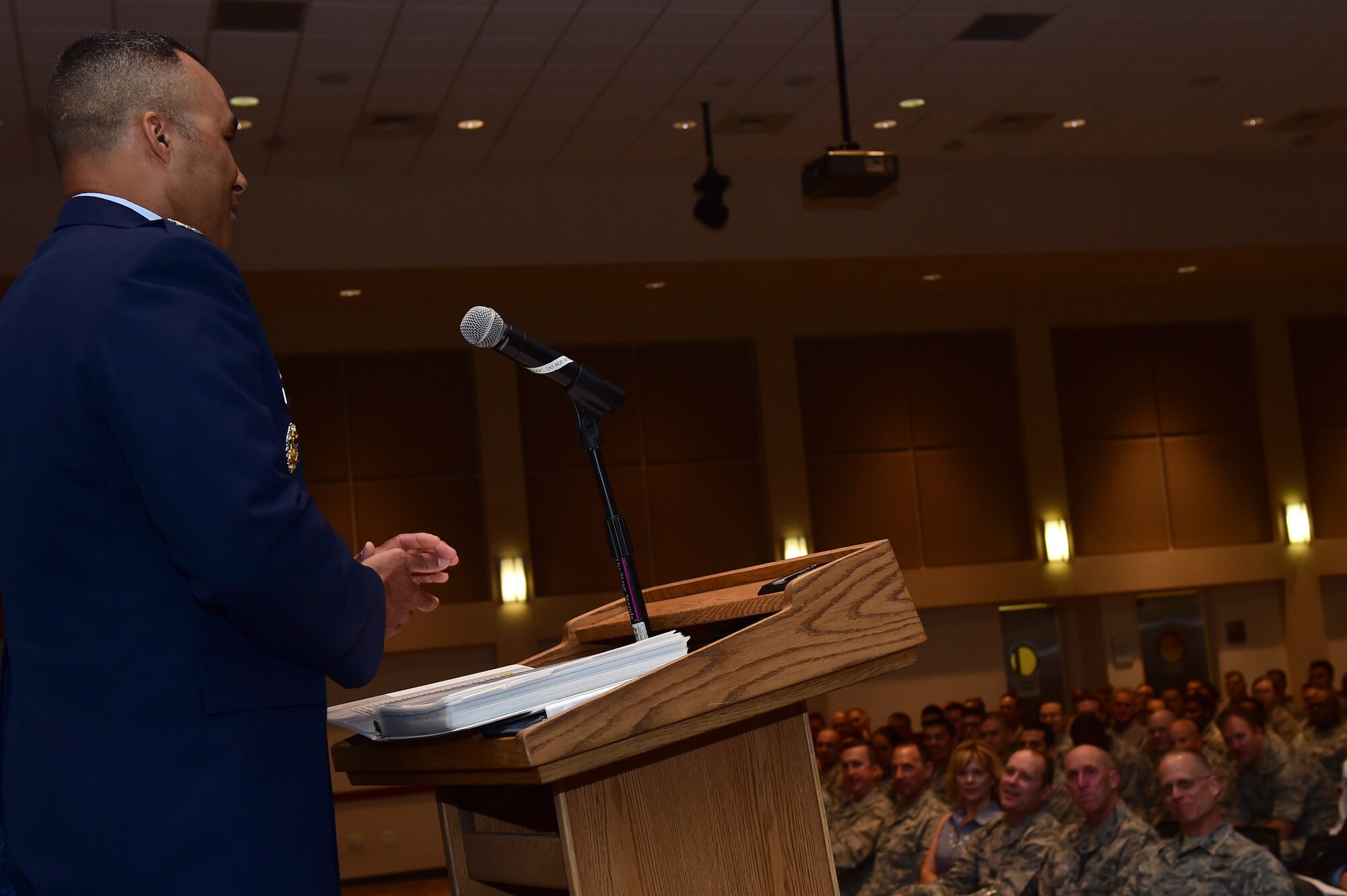 Col. Lorenzo Bradley, 460th Operations Group commander, speaks August 2, 2016, during the OG change of command ceremony at the Leadership Development Center on Buckley Air Force Base, Colo. The ceremony represents a new commander assuming command of the group and its troops. (U.S. Air Force photo by Airman 1st Class Gabrielle Spradling/Released)