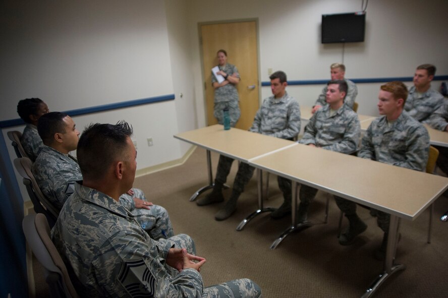 A group of U.S. Air Force Academy cadets speak with a panel of senior non- commissioned officers on Joint Base Andrews, Md., as part of the U.S. Air Force Academy's Operations Air Force program. (Photo by U.S. Air Force Senior Master Sgt. Adrian Cadiz)