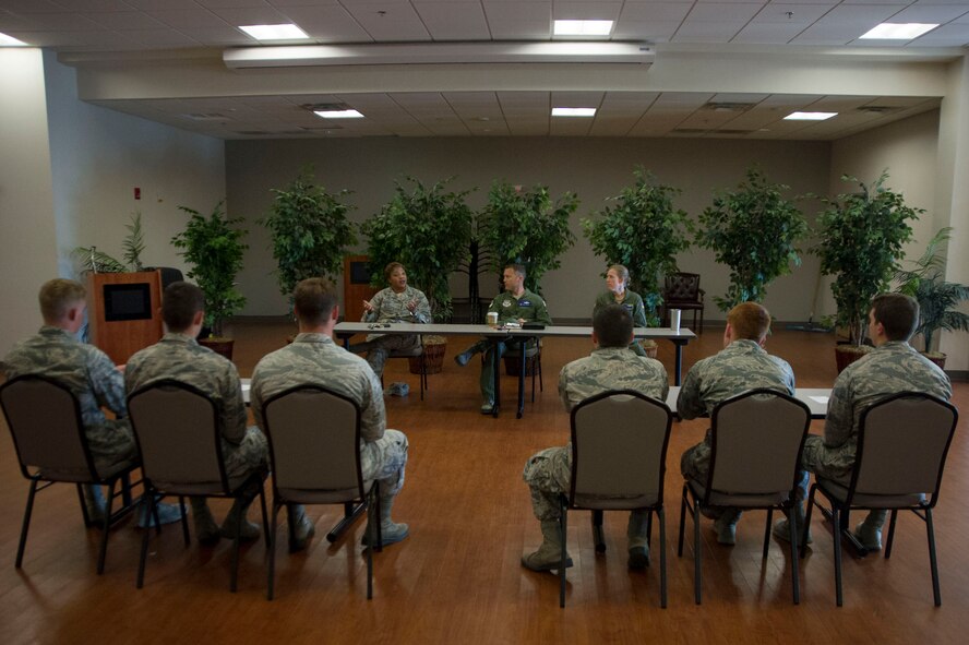 A group of U.S. Air Force Academy cadets listen and speak with a panel of senior leaders on Joint Base Andrews, Md., as part of the U.S. Air Force Academy's Operations Air Force program. (Photo by U.S. Air Force Senior Master Sgt. Adrian Cadiz)