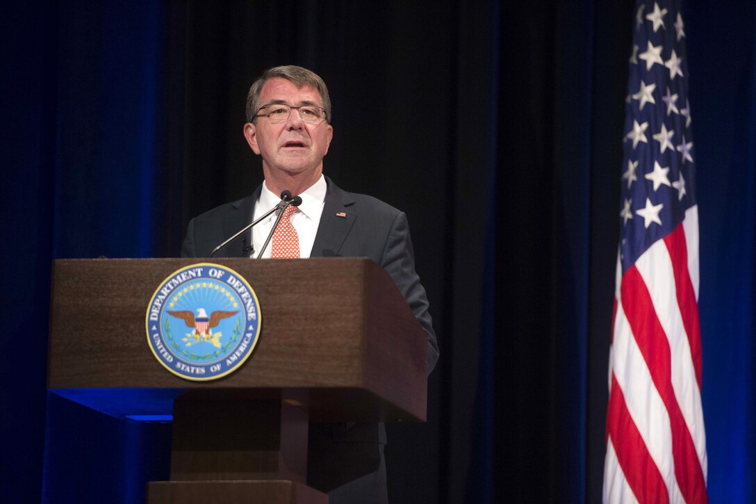 Defense Secretary Ash Carter speaks during a National Guard Bureau change-of-command ceremony at the Pentagon, Aug. 3, 2016. Air Force Gen. Joseph L. Lengyel took over as chief of the bureau during the ceremony, succeeding Army Gen. Frank Grass. DoD photo by Navy Petty Officer 1st Class Tim D. Godbee