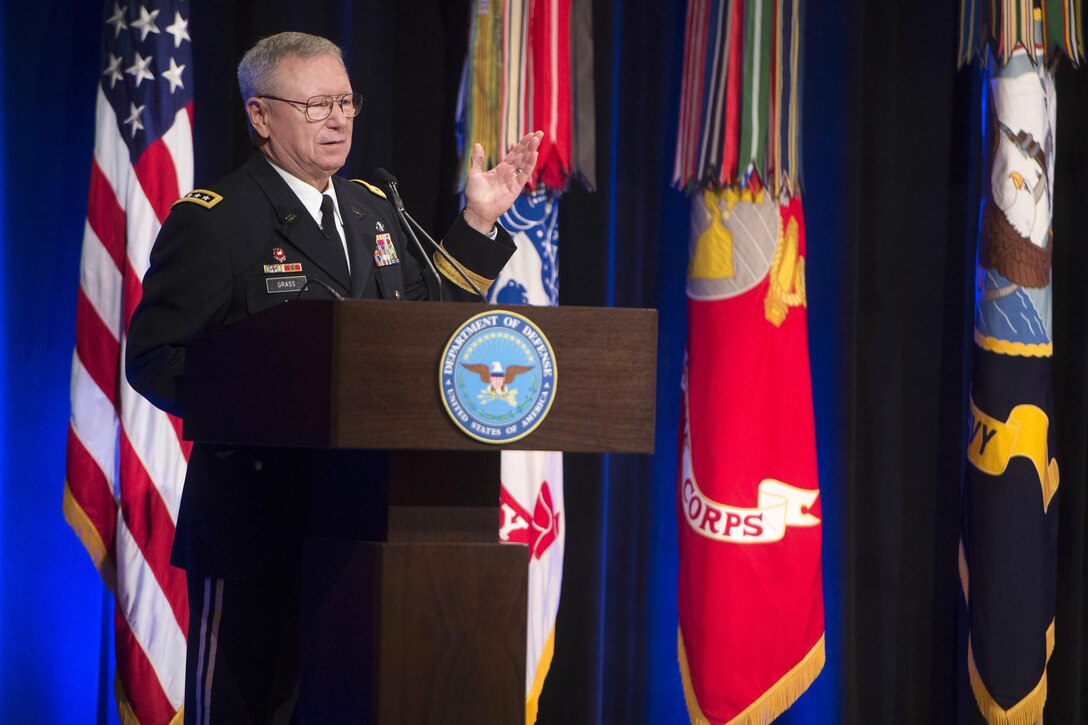 Army Gen. Frank Grass, outgoing chief of the National Guard Bureau, speaks during a change-of-responsibility ceremony at the Pentagon, Aug. 3, 2016. Air Force Gen. Joseph L. Lengyel took over as chief of the bureau during the ceremony. DoD photo by Navy Petty Officer 1st Class Tim D. Godbee