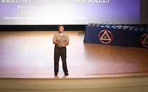 Brig. Gen. Joseph Shrader, commander of Marine Corps Systems Command,  speaks to attendees during the MCSC Acquisition Excellence Awards Aug. 2, aboard Marine Corps Base Quantico, Va. MCSC holds the awards ceremony annually to recognize the outstanding performance of Corps acquisition professionals and teams. (U.S. Marine Corps photo by Jennifer Sevier)