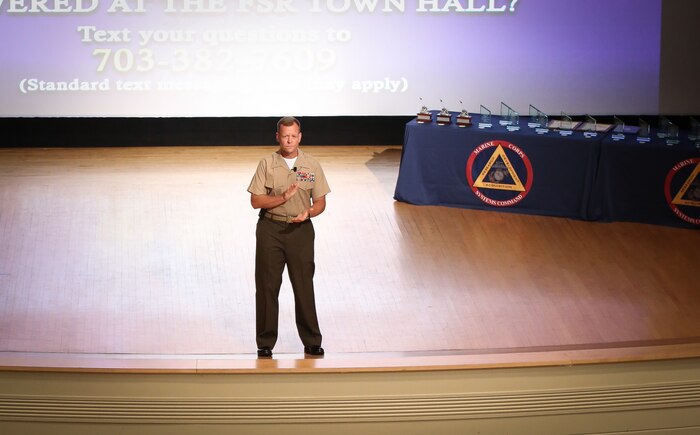 Brig. Gen. Joseph Shrader, commander of Marine Corps Systems Command,  speaks to attendees during the MCSC Acquisition Excellence Awards Aug. 2, aboard Marine Corps Base Quantico, Va. MCSC holds the awards ceremony annually to recognize the outstanding performance of Corps acquisition professionals and teams. (U.S. Marine Corps photo by Jennifer Sevier)