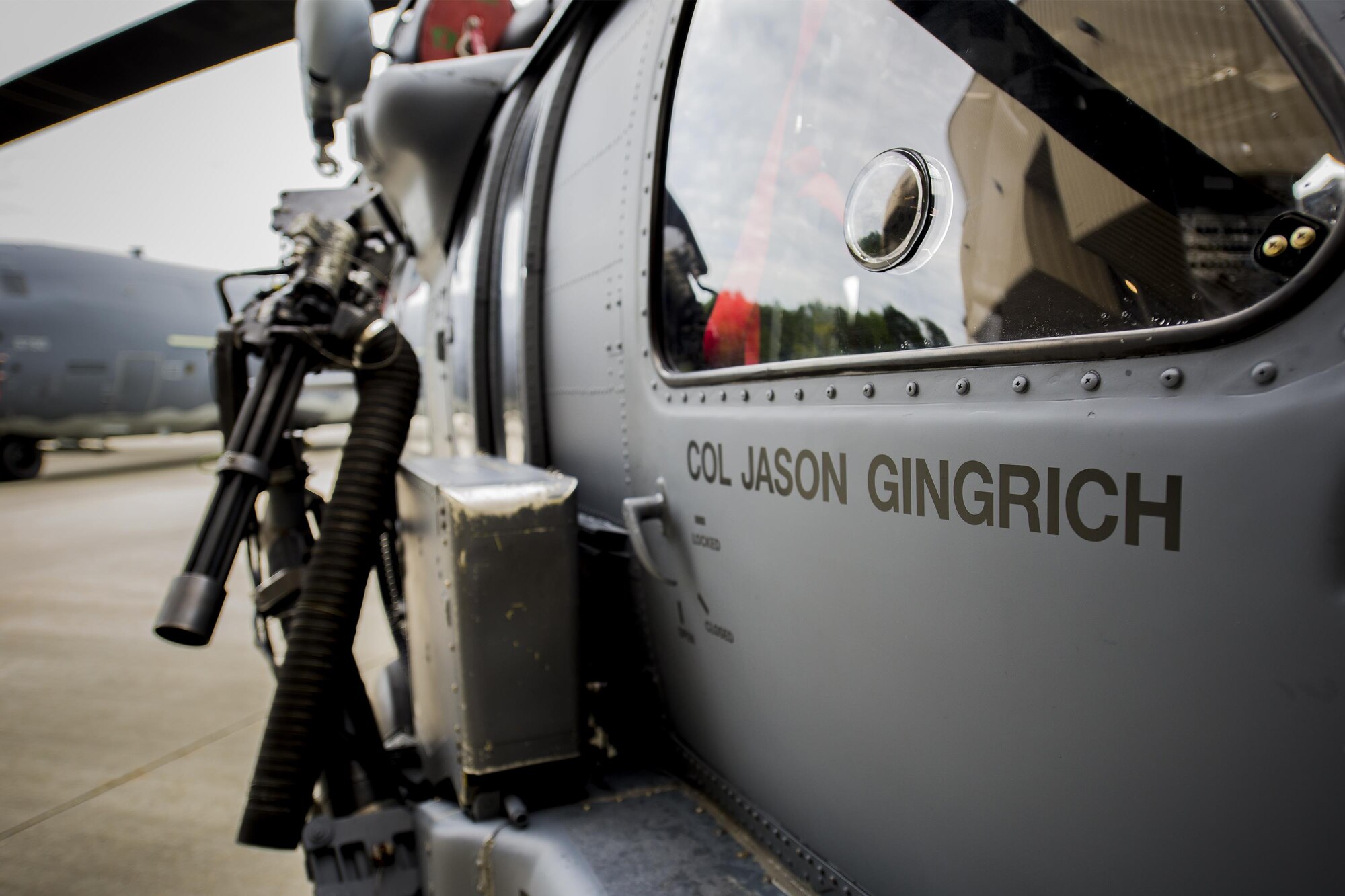 U.S. Air Force Col. Jason Gingrich’s, 347th Rescue Group incoming commander, name is displayed on an HH-60G Pave Hawk during a change of command ceremony, Aug. 2, 2016, at Moody Air Force Base, Ga. It’s tradition that the commander’s name be placed on the flagship of his fleet upon taking command. (U.S. Air Force photo by Airman Daniel Snider)