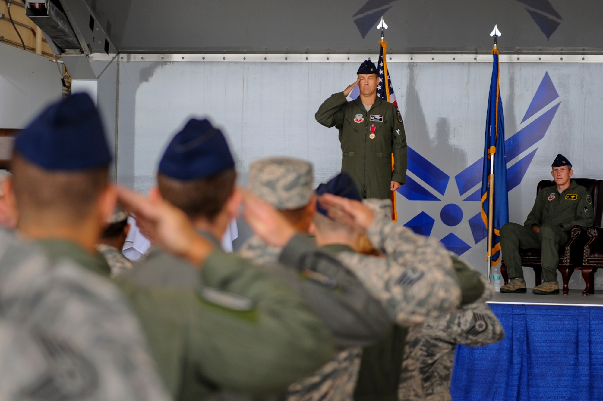 U.S. Air Force Col. Thomas Dorl renders his final salute as the 347th Rescue Group commander during a change of command ceremony, Aug. 2, 2016, at Moody Air Force Base, Ga. Dorl is a command pilot, who has flown over 32,000 hours and is a fully qualified, joint-staff officer. (U.S. Air Force photo by Airman Daniel Snider)