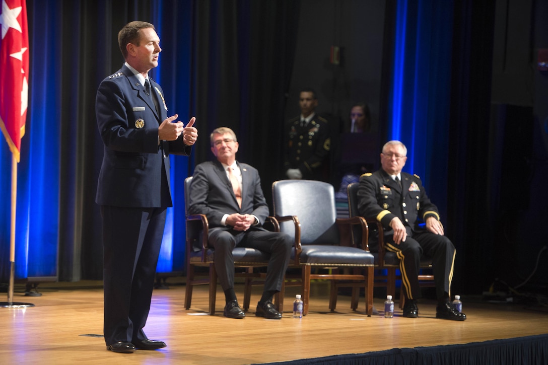 Air Force Gen. Joseph L. Lengyel delivers remarks during a National Guard Bureau change-of-responsibility ceremony as Defense Secretary Ash Carter and Army Gen. Frank Grass look on at the Pentagon, Aug. 3, 2016. Lengyel took over as chief of the bureau during the ceremony, succeeding Grass. DoD photo by Navy Petty Officer 1st Class Tim D. Godbee