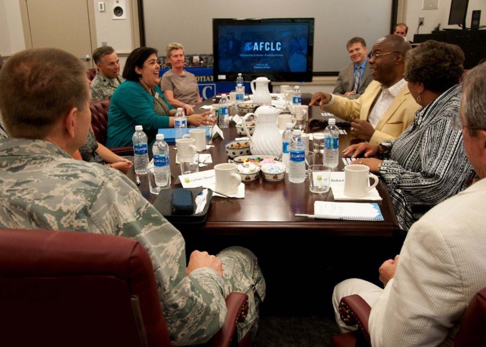 Representatives from the Montgomery Area Chamber of Commerce talk with Air Force Culture and Language Center staff about culture education programs in the Air Force, June 10, 2016. The meeting was held in order to strengthen local partnerships as well as provide training for future international business connections with Chamber staff. (Courtesy photo) 