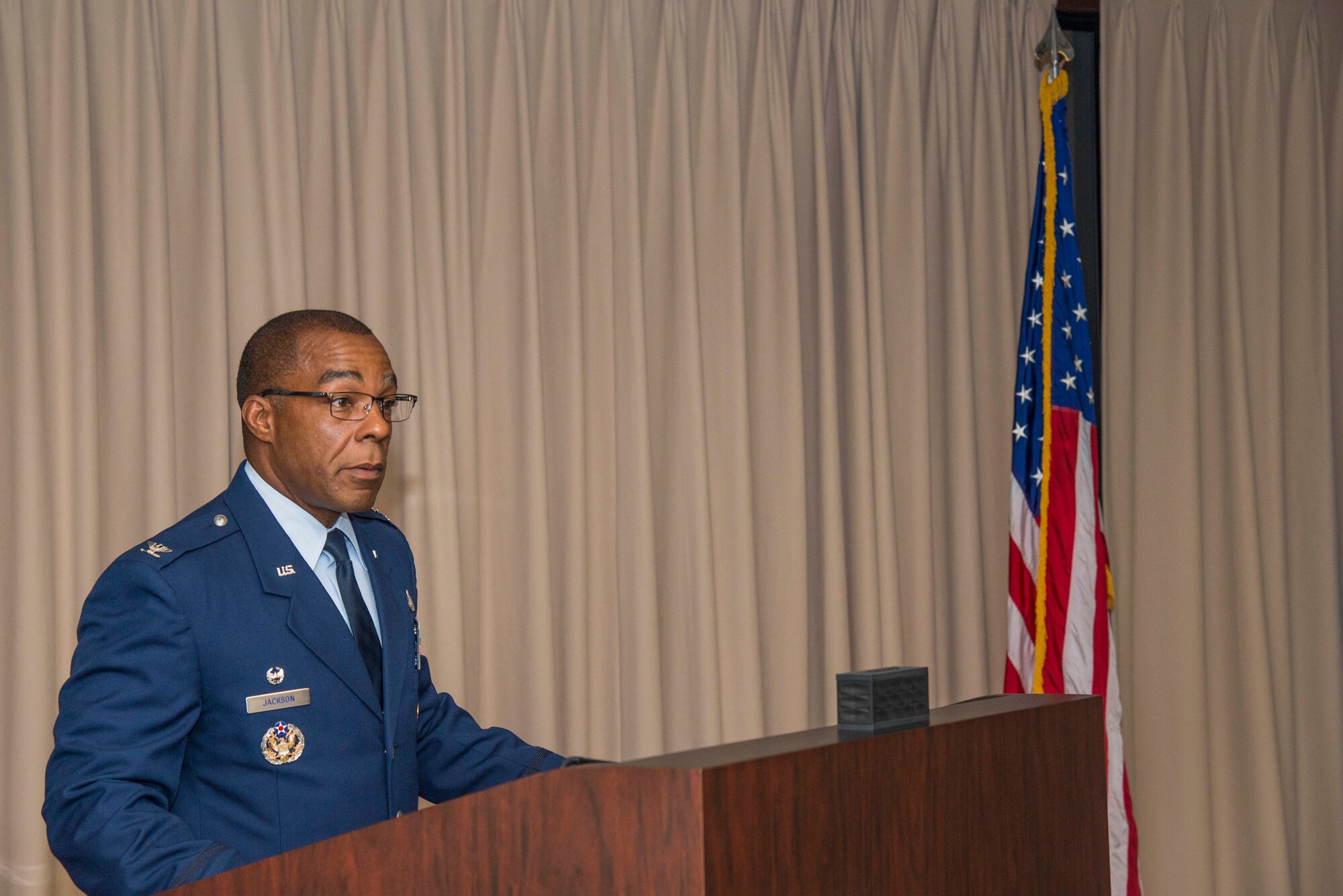 Col. Robert S. Jackson Jr., Air Force Manpower Analysis Agency commander, gives remarks about the impact the 3rd Manpower Requirements Squadron has had during the deactivation ceremony of the 3rd MRS July 28, 2016 at Scott Air Force Base, Ill. The “Third” is one of five squadrons assigned to the AFMAA located at Joint Base San Antonio – Randolph Air Force Base, Texas. (U.S. Air Force photo/Airman Daniel Garcia)