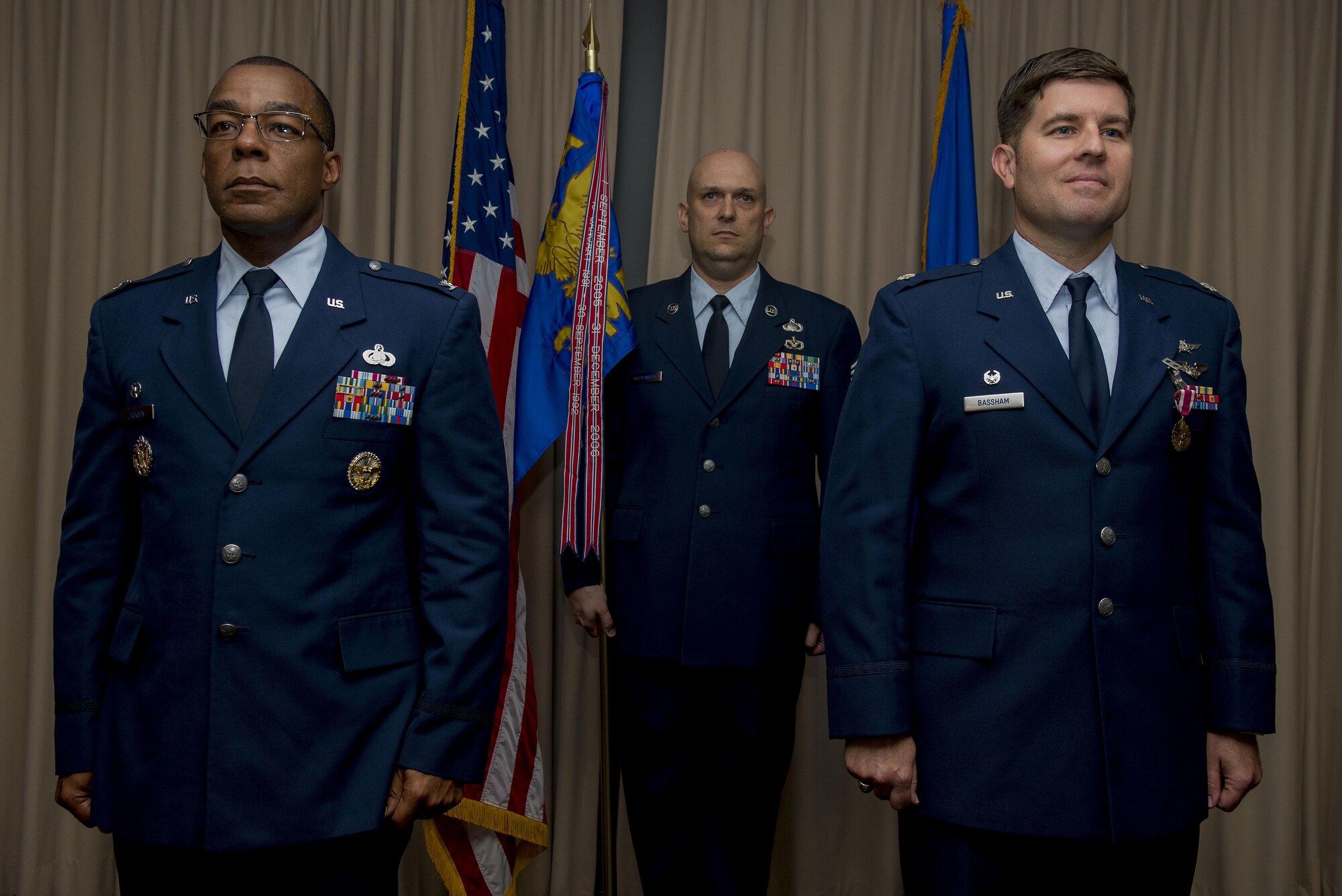 Col. Robert S. Jackson Jr., Air Force Manpower Analysis Agency commander, presided over the 3rd Manpower Requirements Squadron deactivation ceremony as Lt. Col. Brian Bassham, 3rd MRS commander, relinquished command July 28, 2016 at Scott Air Force Base, Ill. The primary mission of the 3rd MRS has been to provide Air Force leaders with the necessary tools to effectively and efficiently manage manpower resources for the accomplishment of the Air Force mission. (U.S. Air Force photo/Senior Airman Joshua Eikren)