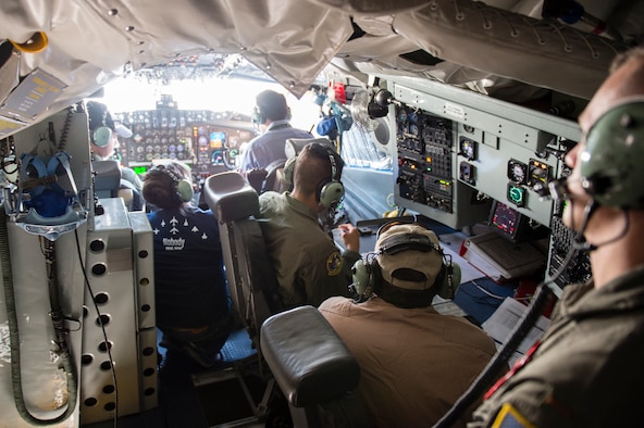 Testers pack into a KC-135 Stratotanker’s cockpit to conduct ground testing of Traffic Collision Avoidance System version 7.1. last month. The Air Force’s KC-135 fleet will need the upgraded TCAS in order to fly over Europe beginning Jan. 1, 2017. (U.S. Air Force photo by Chris Higgins)