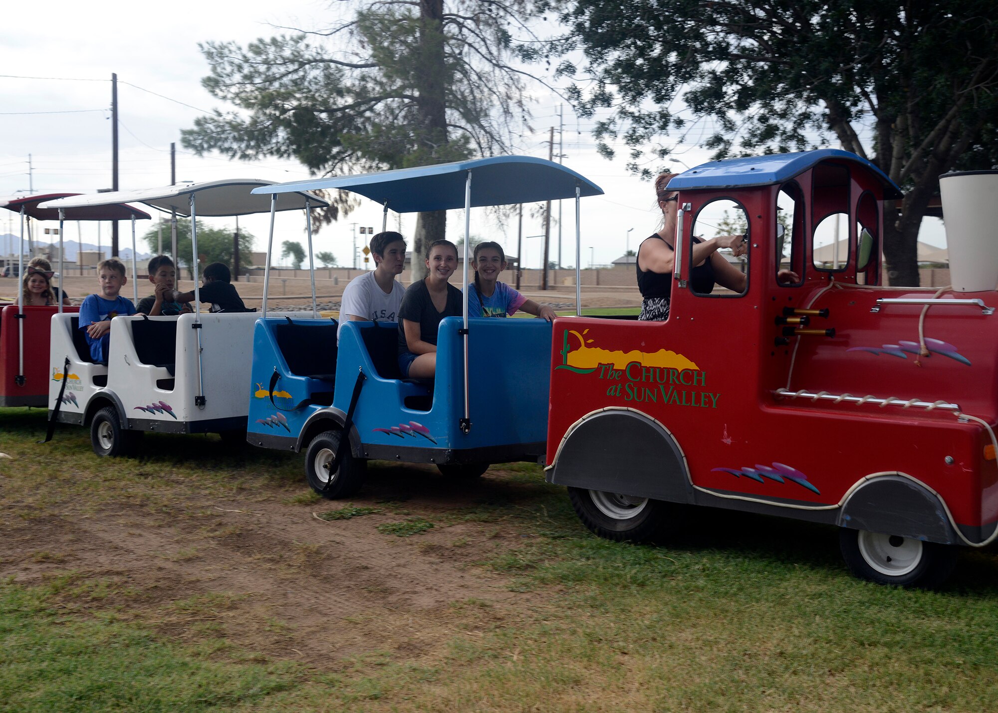 Free train rides were available for attendees during the Back to School Bash Aug. 2, 2016 at Luke Air Force Base, Ariz. The event was sponsored by the Luke Chapel as a way to give back to the community as well as prepare children for the upcoming school year. More than 500 people came out for the event.(U.S. Air Force photo by Senior Airman Devante Williams)