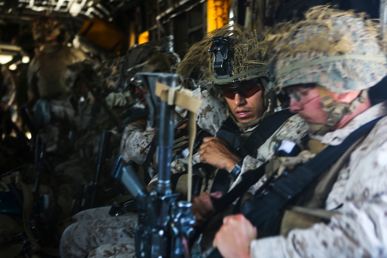 Marines with 3rd Battalion, 1st Marine Regiment board a CH-53E Super Stallion during training aboard Marine Corps Base Camp Pendleton, Calif., July 28. Marine Heavy Helicopter Squadron (HMH) 462 and the Royal Canadian Air Force supported 3rd Battalion, 1st Marine Regiment during Rim of the Pacific (RIMPAC) 2016. (US Marine Corps photo by Lance Cpl. Harley Robinson/Released)