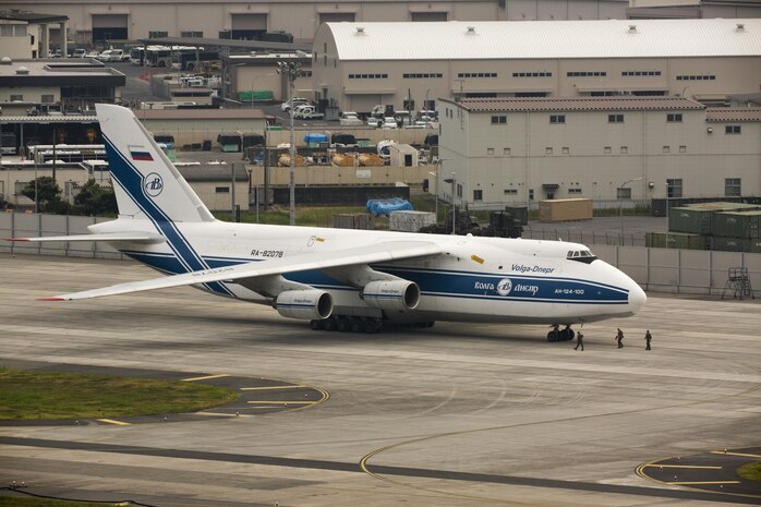 An AN-124 Ruslan aircraft taxis along the runway on Marine Corps Air Station Iwakuni, Japan, Aug. 2, 2016. The aircraft delivered a KC-130J flight simulator that will later be installed in the base’s Operational Training Complex. Upon its completion, MCAS Iwakuni’s OTC will be the largest in the Marine Corps. (U.S. Marine Corps Photo by Lance Cpl. Jacob Farbo)