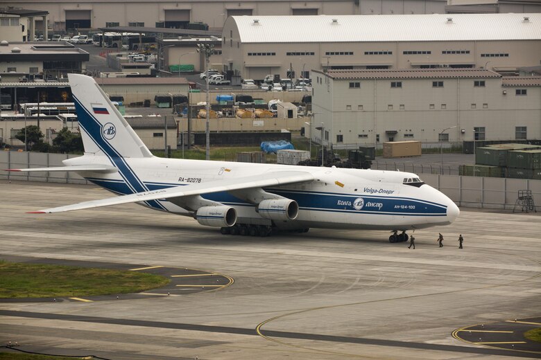 An AN-124 Ruslan aircraft taxis along the runway on Marine Corps Air Station Iwakuni, Japan, Aug. 2, 2016. The aircraft delivered a KC-130J flight simulator that will later be installed in the base’s Operational Training Complex. Upon its completion, MCAS Iwakuni’s OTC will be the largest in the Marine Corps. (U.S. Marine Corps Photo by Lance Cpl. Jacob Farbo)
