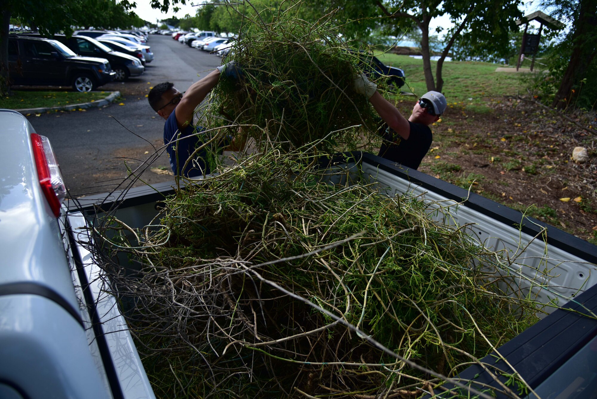 Volunteers remove bundles of pickleweed and other growth during the Ahua Reef cleanup event, held July 29 on Joint Base Pearl Harbor-Hickam. The event, which was hosted by Naval Facilities Engineering Command Hawaii, educated volunteers about the diverse ecosystem and the endangered species which reside on Hickam's beach area. (U.S. Air Force photo by Staff Sgt. Christopher Stoltz)