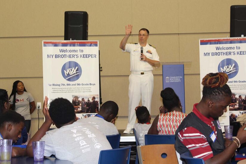 SPAWAR Systems Center Atlantic Commanding Officer Capt. Scott D. Heller gives closing remarks at My Brother's Keeper Summer Camp, July 23, 2016 at Charleston Southern University. 
